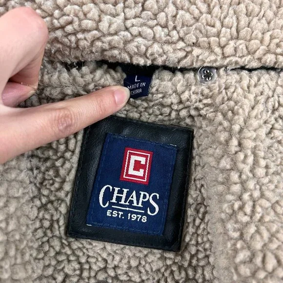 Chaps Bomber Aviator Faux LeatherJacket Detachable Curly Shearling Collar Sz L - Picture 5 of 10